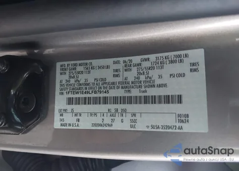 2020 Ford F-150 Xlt z USA, uszkodzony, nr VIN 1FTEW1E49LFB79145